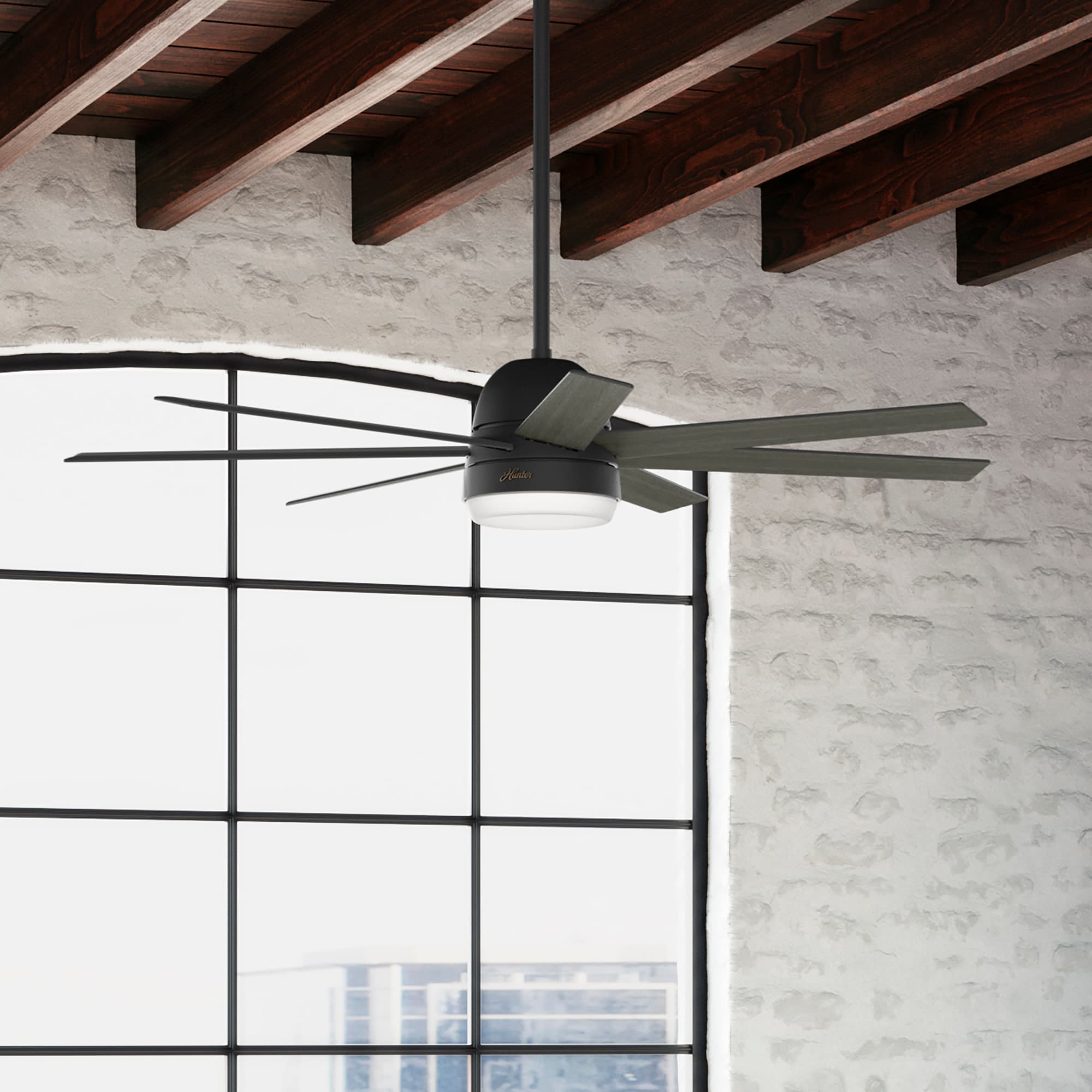 Hunter Phenomenon HunterSMART 60-in Matte Black with Dark Gray Oak Blades Smart Ceiling Fan With Light and Wall Control Included 7 -Blade