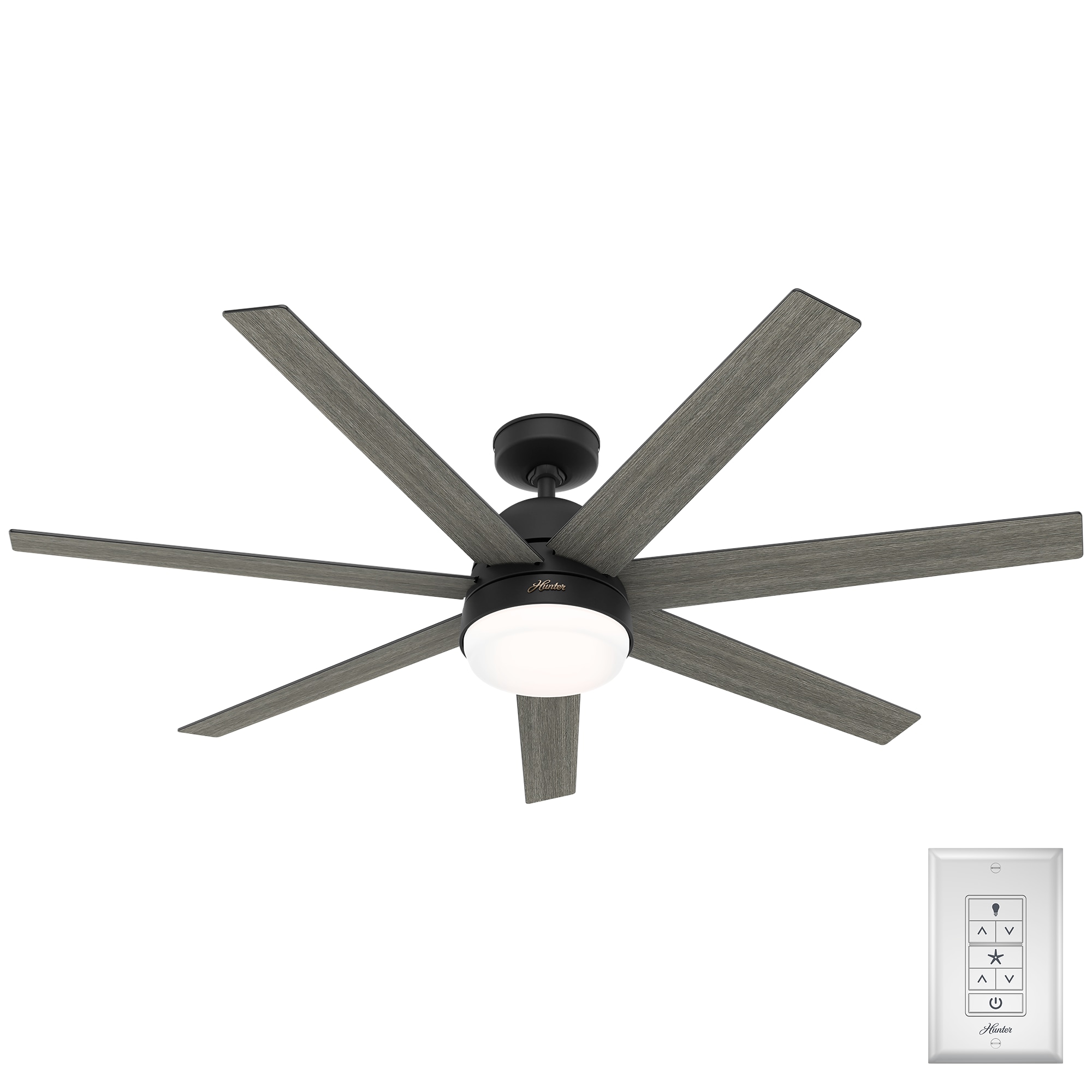 Hunter Phenomenon HunterSMART 60-in Matte Black with Dark Gray Oak Blades Smart Ceiling Fan With Light and Wall Control Included 7 -Blade