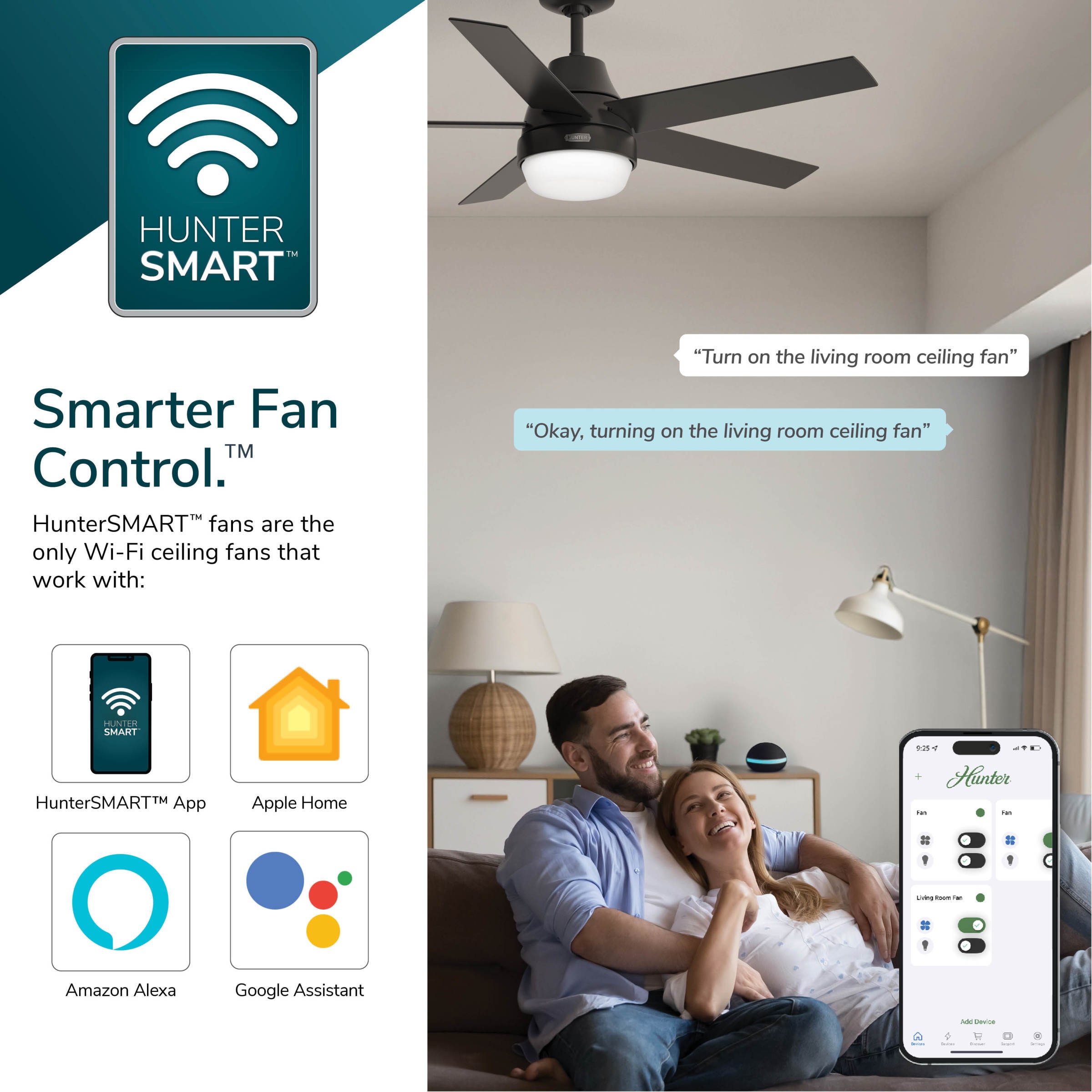 Hunter Phenomenon HunterSMART 60-in Matte Black with Dark Gray Oak Blades Smart Ceiling Fan With Light and Wall Control Included 7 -Blade