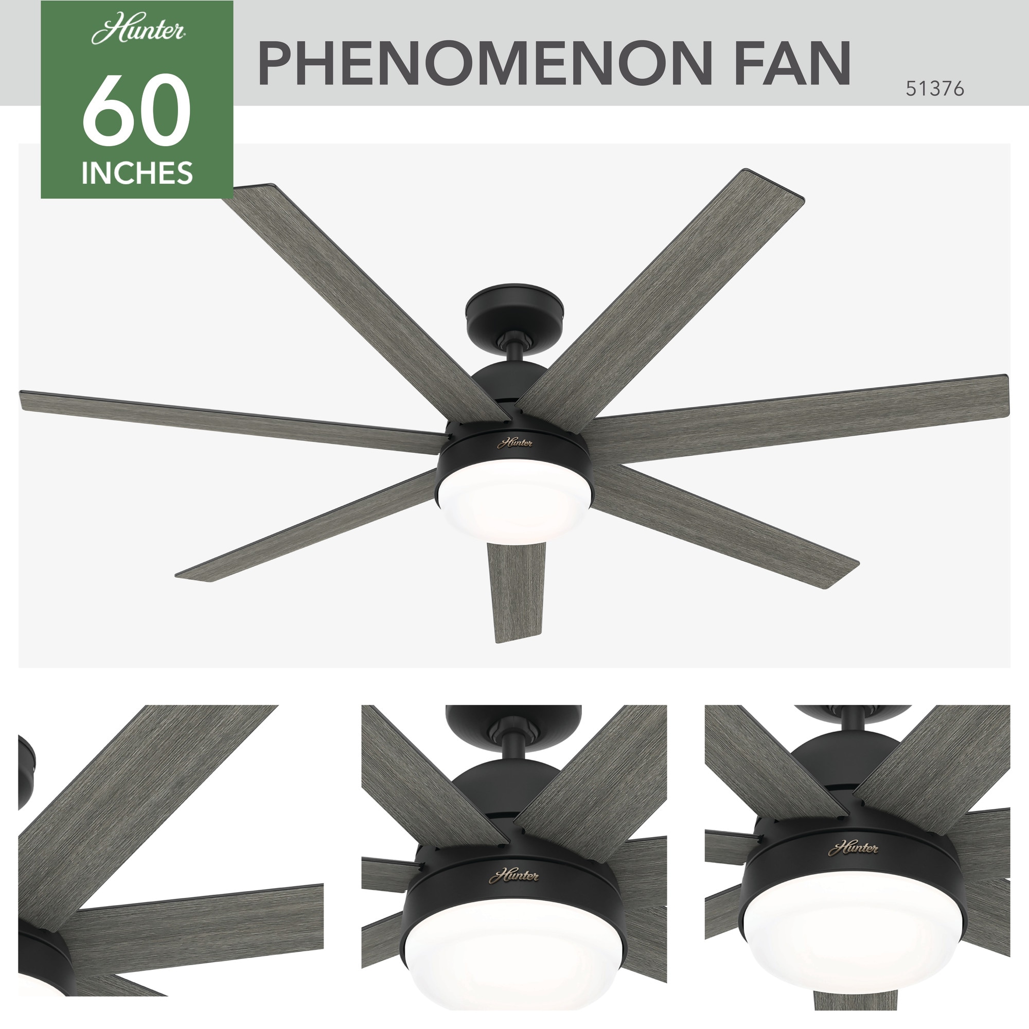 Hunter Phenomenon HunterSMART 60-in Matte Black with Dark Gray Oak Blades Smart Ceiling Fan With Light and Wall Control Included 7 -Blade