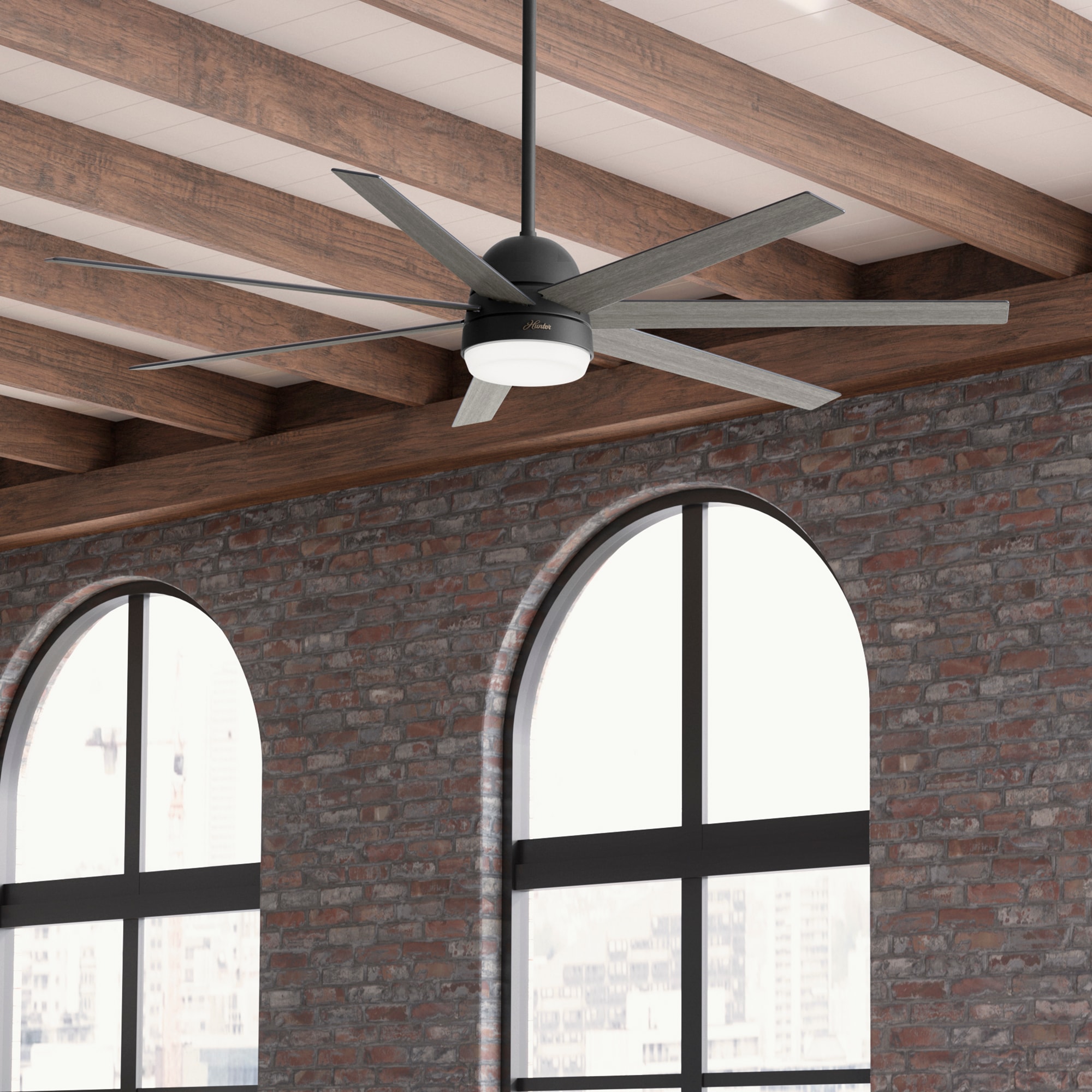 Hunter Phenomenon SMART 70-in Matte Black with Dark Gray Oak Blades Smart Ceiling Fan With Light and Wall Control Included 7 -Blade