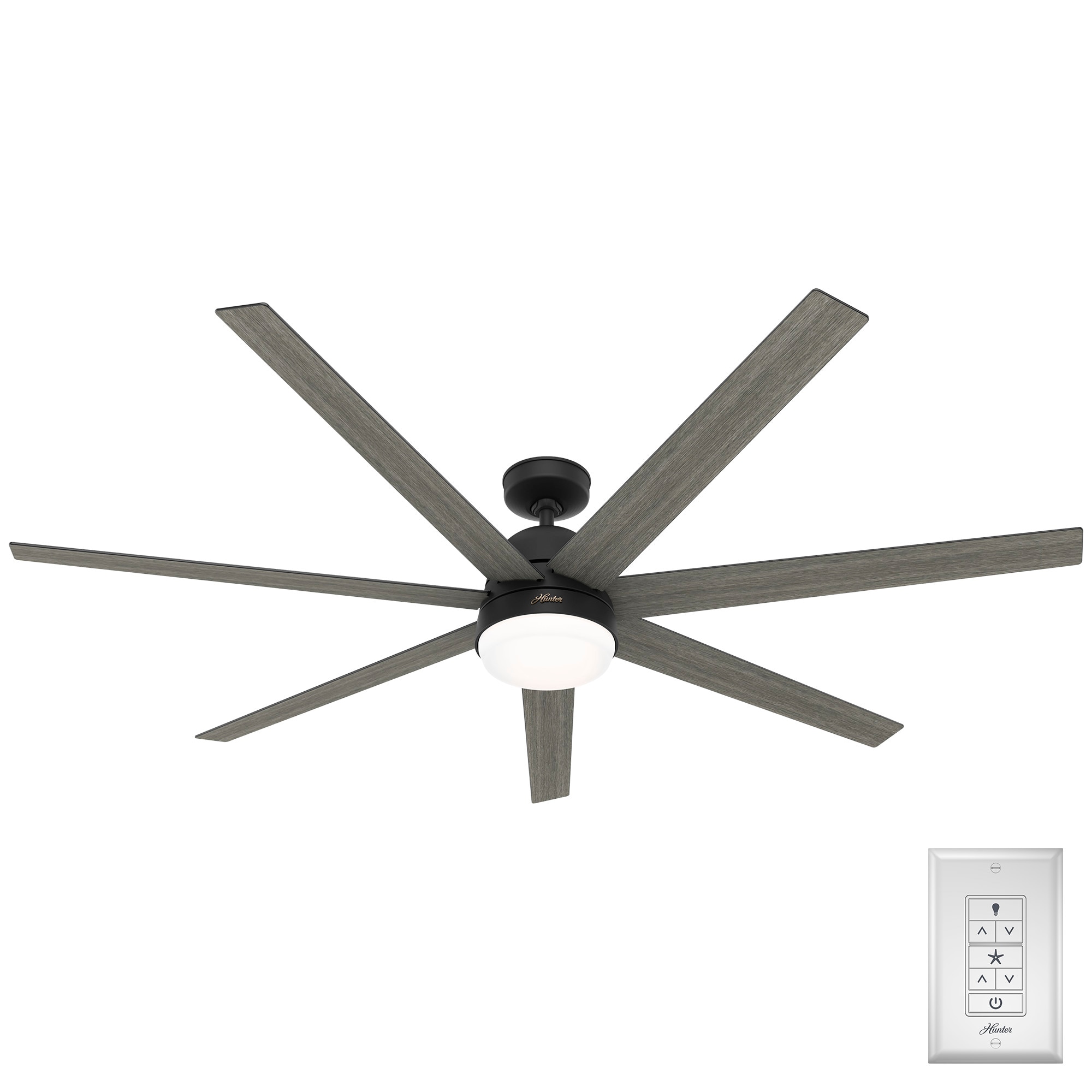 Hunter Phenomenon SMART 70-in Matte Black with Dark Gray Oak Blades Smart Ceiling Fan With Light and Wall Control Included 7 -Blade