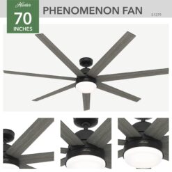 Hunter Phenomenon SMART 70-in Matte Black with Dark Gray Oak Blades Smart Ceiling Fan With Light and Wall Control Included 7 -Blade