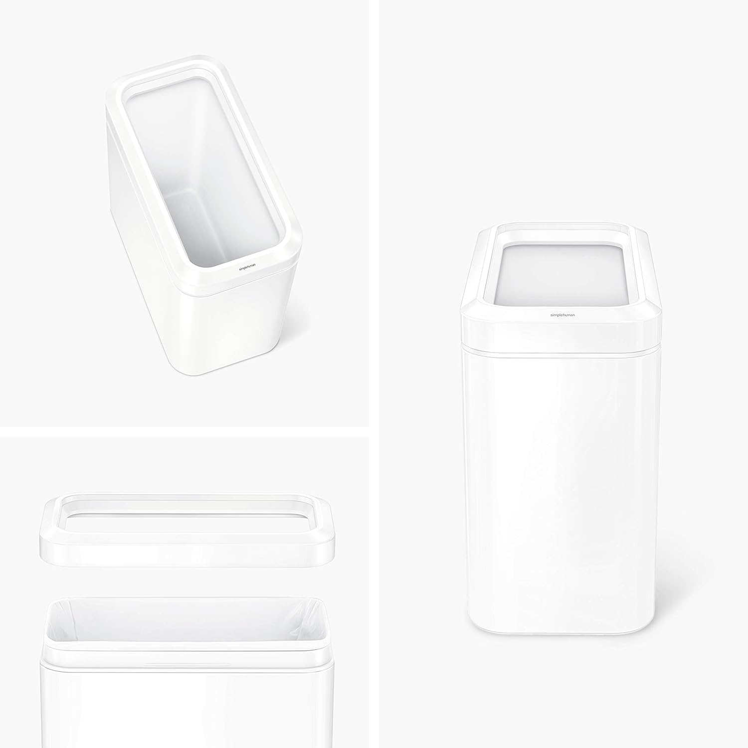 simplehuman 25 Liter / 6.6 Gallon Slim Open Top Small Trash Can, Commercial Grade Heavy Gauge Office Trash Can, White Stainless Steel