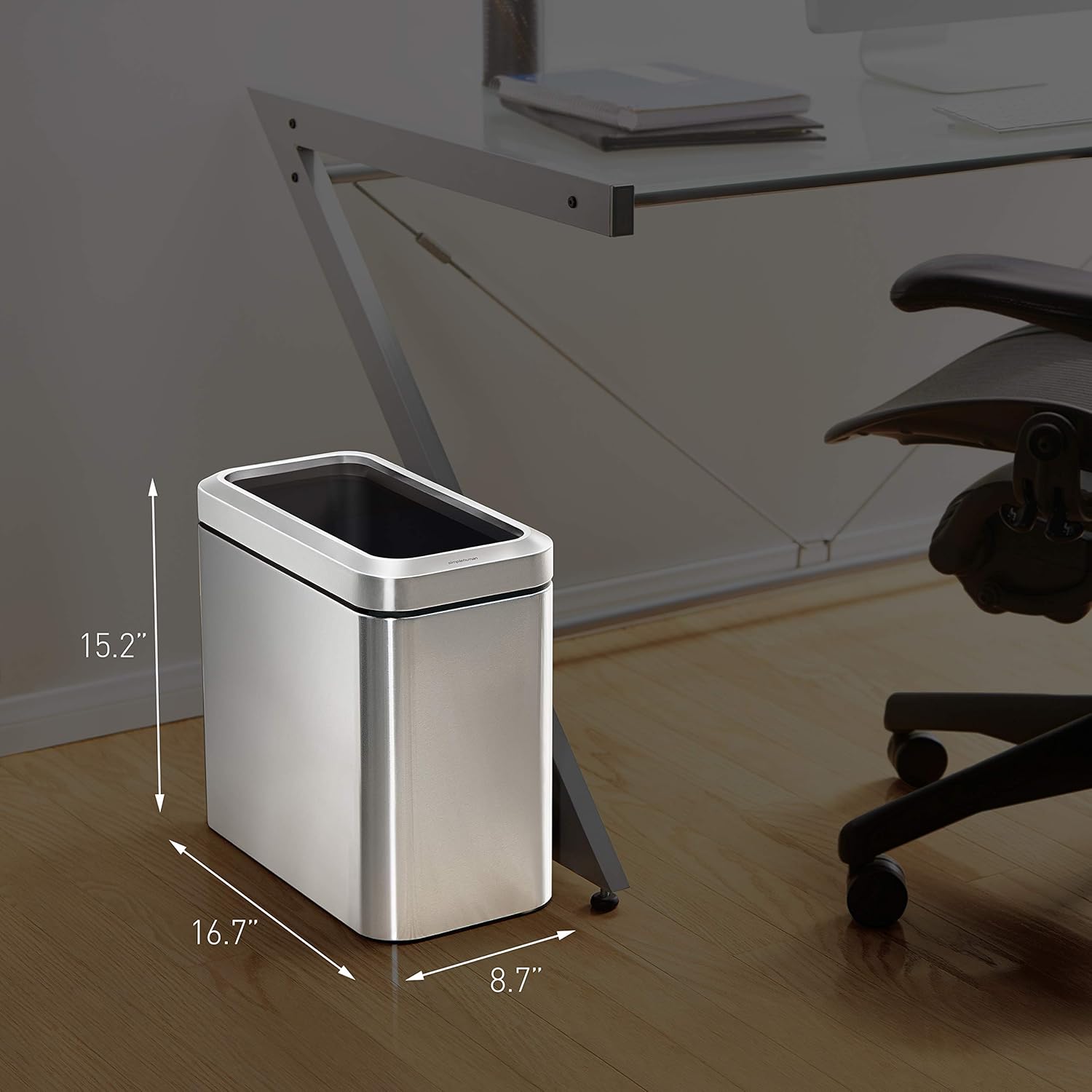 simplehuman 25 Liter / 6.6 Gallon Slim Open Top Small Trash Can, Commercial Grade Heavy Gauge Office Trash Can, White Stainless Steel