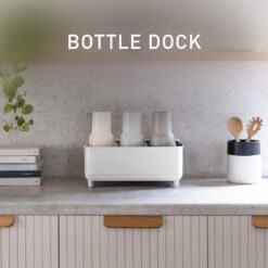 simplehuman Bottle Dock, Steel Frame Fast Drying Bottle Rack, Three-Compartment Organizer for Tumblers, Caps & Straws, White Stainless Steel