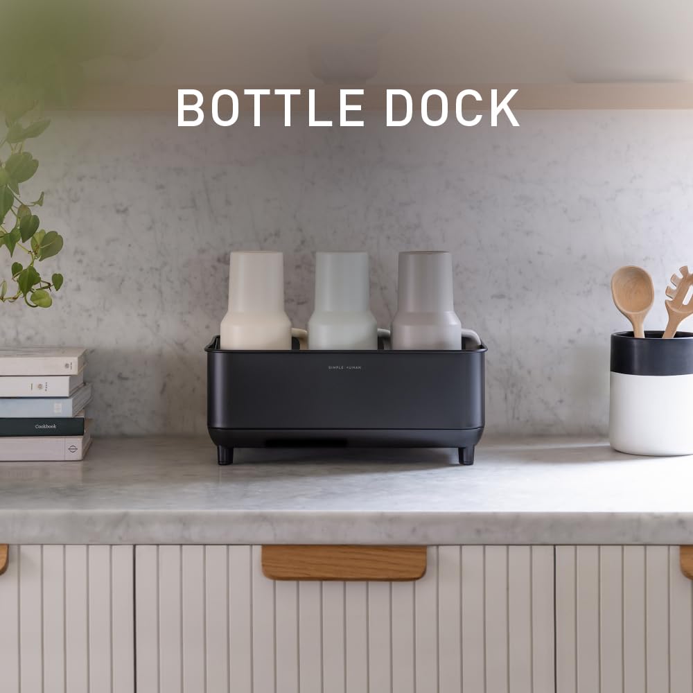 simplehuman Bottle Dock, Steel Frame Fast Drying Bottle Rack, Three-Compartment Organizer for Tumblers, Caps & Straws, Matte Black Stainless Steel