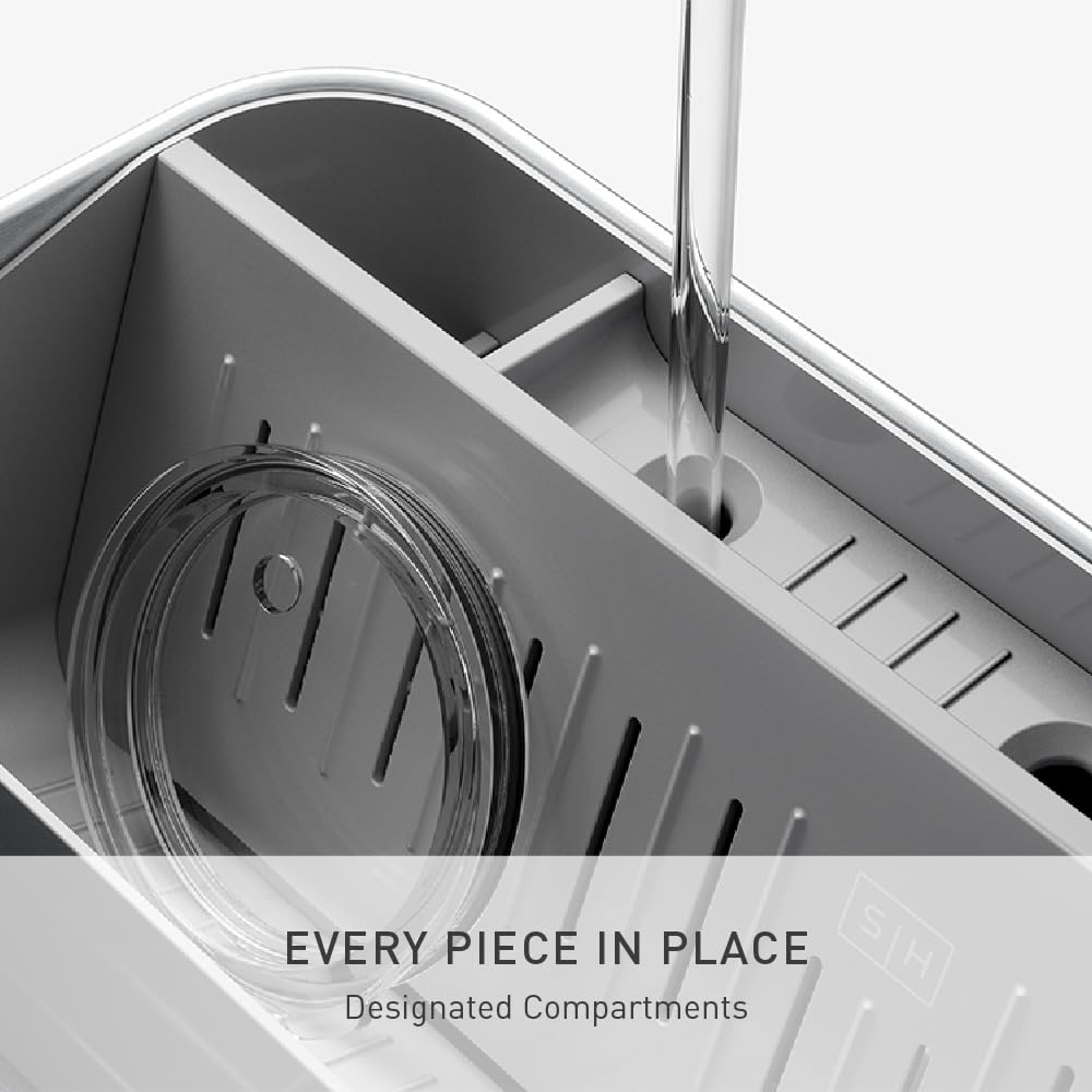 simplehuman Bottle Dock, Steel Frame Fast Drying Bottle Rack, Three-Compartment Organizer for Tumblers, Caps & Straws, Brushed Stainless Steel