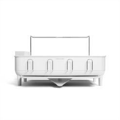 simplehuman Large Capacity Dish Drying Rack with Stainless Steel Frame, 360º Easy Drain Swivel Spout, Utensil & Wine Glass Holder, Anti-Residue Coating, Moisture Control Surface, White