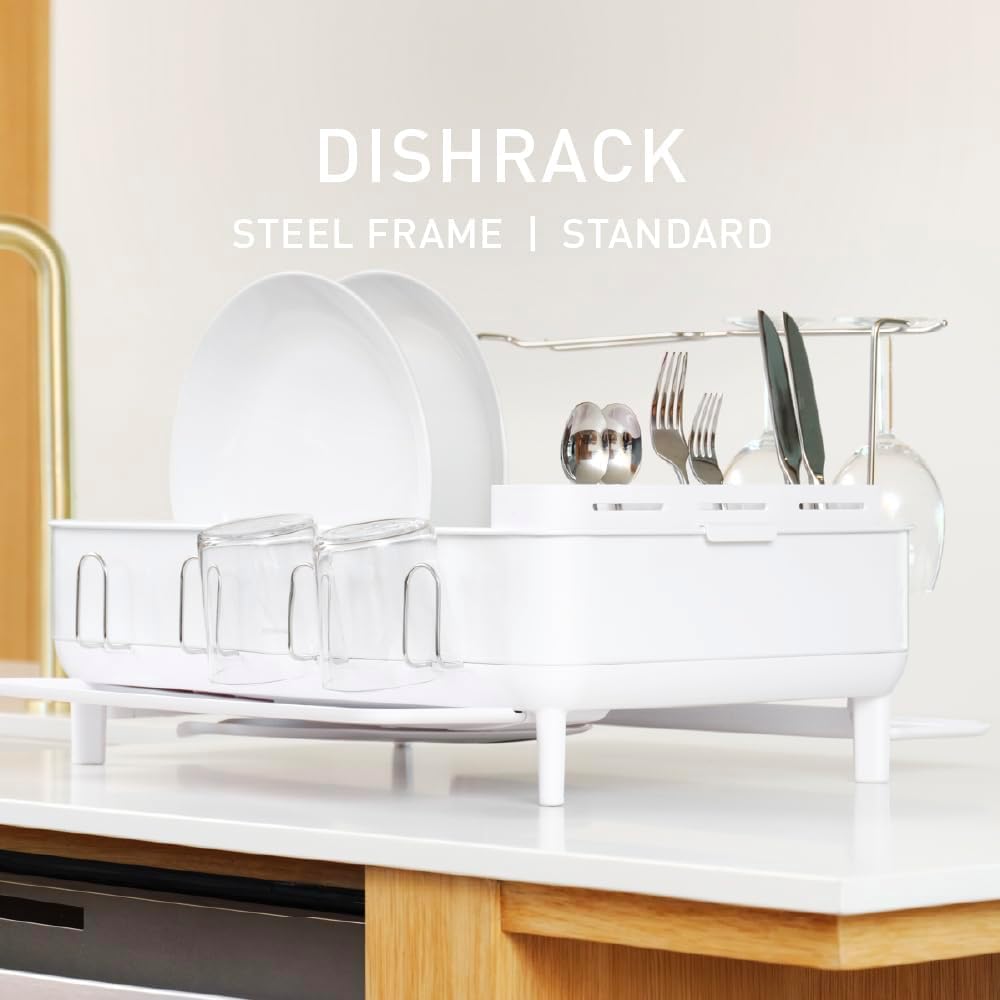 simplehuman Large Capacity Dish Drying Rack with Stainless Steel Frame, 360º Easy Drain Swivel Spout, Utensil & Wine Glass Holder, Anti-Residue Coating, Moisture Control Surface, White
