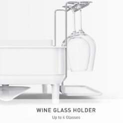 simplehuman Large Capacity Dish Drying Rack with Stainless Steel Frame, 360º Easy Drain Swivel Spout, Utensil & Wine Glass Holder, Anti-Residue Coating, Moisture Control Surface, White