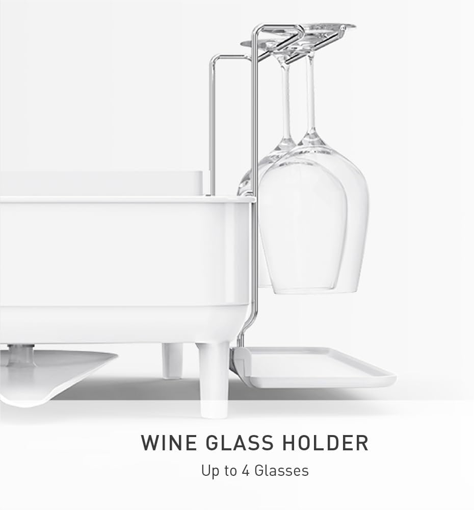 simplehuman Large Capacity Dish Drying Rack with Stainless Steel Frame, 360º Easy Drain Swivel Spout, Utensil & Wine Glass Holder, Anti-Residue Coating, Moisture Control Surface, White