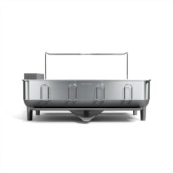 simplehuman Large Capacity Dish Drying Rack with Stainless Steel Frame, 360º Easy Drain Swivel Spout, Utensil & Wine Glass Holder, Anti-Residue Coating, Moisture Control Surface, Grey