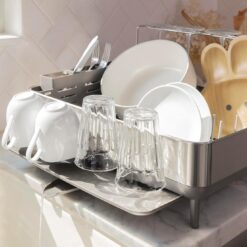 simplehuman Large Capacity Dish Drying Rack with Stainless Steel Frame, 360º Easy Drain Swivel Spout, Utensil & Wine Glass Holder, Anti-Residue Coating, Moisture Control Surface, Grey