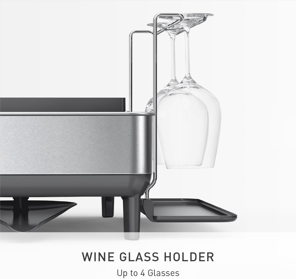 simplehuman Large Capacity Dish Drying Rack with Stainless Steel Frame, 360º Easy Drain Swivel Spout, Utensil & Wine Glass Holder, Anti-Residue Coating, Moisture Control Surface, Grey
