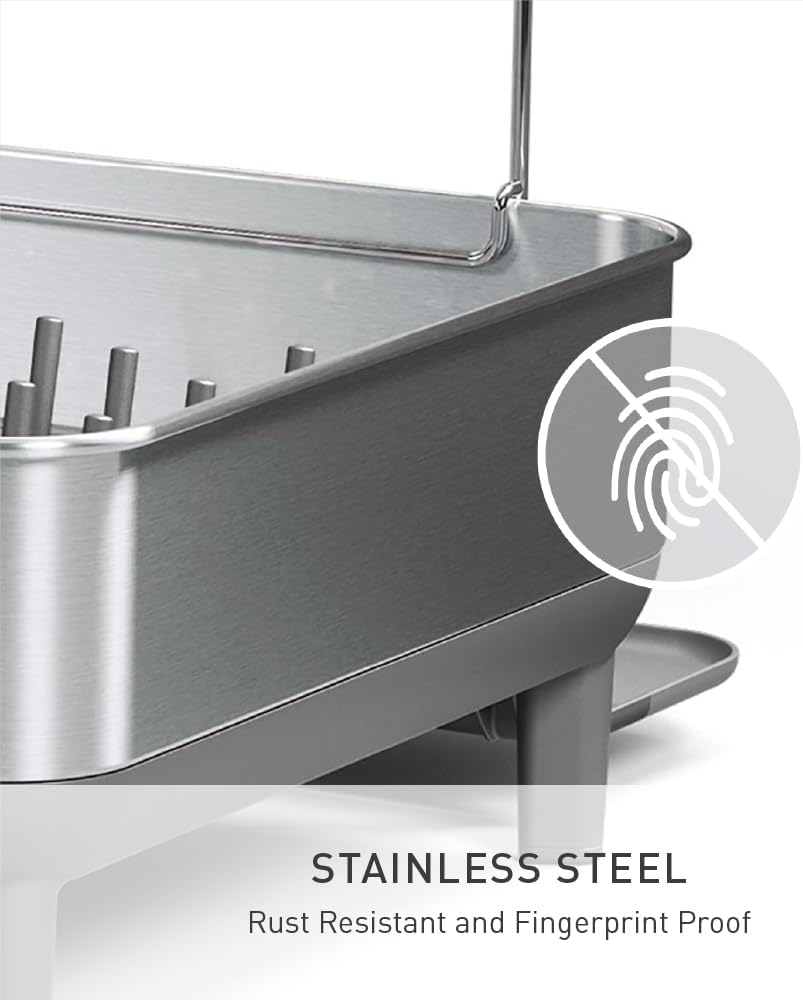 simplehuman Large Capacity Dish Drying Rack with Stainless Steel Frame, 360º Easy Drain Swivel Spout, Utensil & Wine Glass Holder, Anti-Residue Coating, Moisture Control Surface, Grey