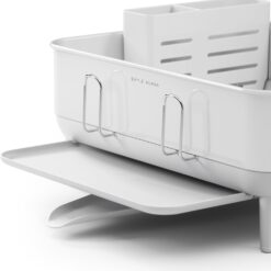simplehuman Compact Dish Drying Rack with Stainless Steel Frame, 360º Easy Drain Swivel Spout, Utensil Holder, Anti-Residue Coating, Moisture Control Surface, White