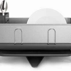 simplehuman Compact Dish Drying Rack with Stainless Steel Frame, 360º Easy Drain Swivel Spout, Utensil Holder, Anti-Residue Coating, Moisture Control Surface, Grey
