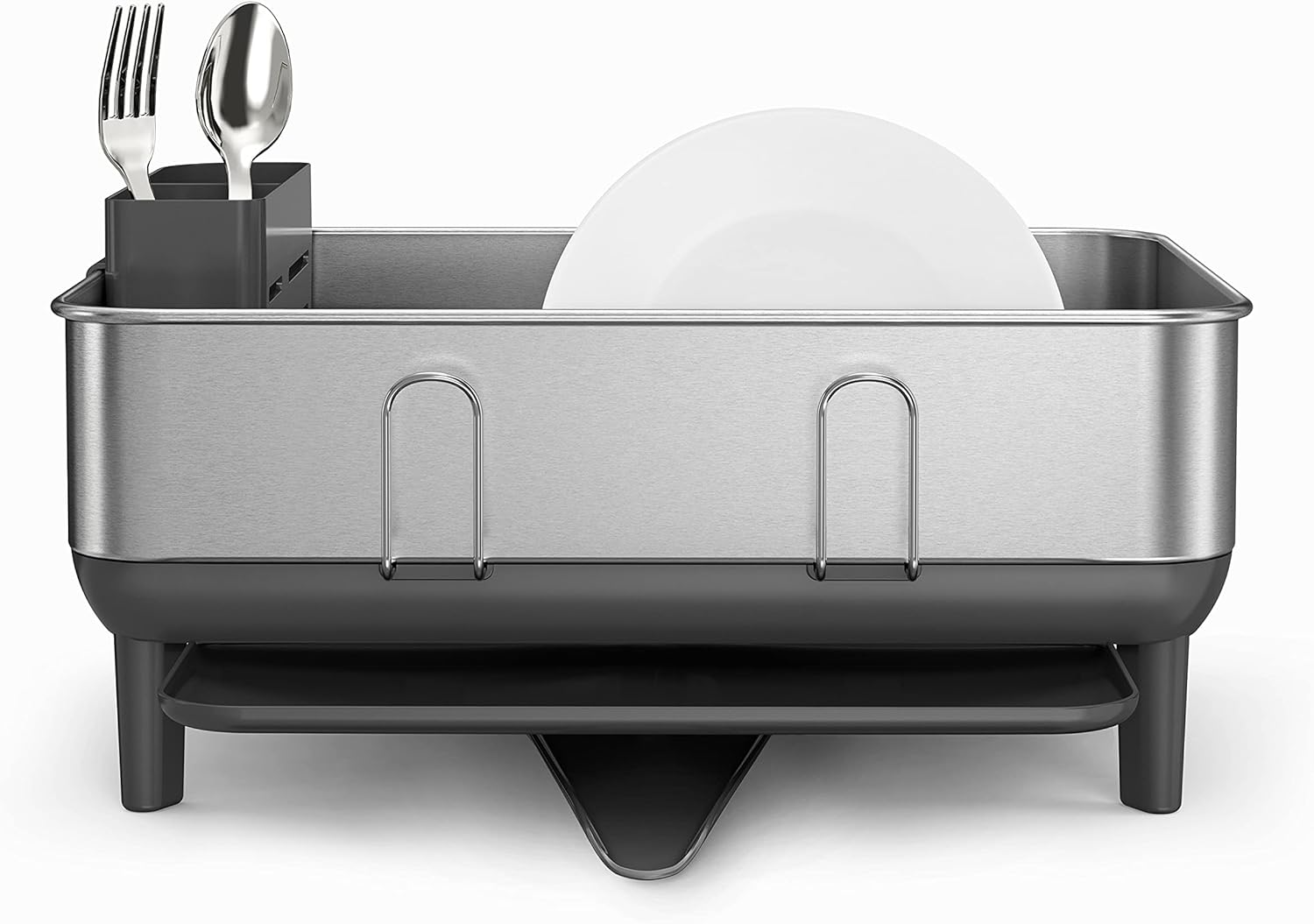 simplehuman Compact Dish Drying Rack with Stainless Steel Frame, 360º Easy Drain Swivel Spout, Utensil Holder, Anti-Residue Coating, Moisture Control Surface, Grey