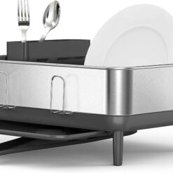 simplehuman Compact Dish Drying Rack with Stainless Steel Frame, 360º Easy Drain Swivel Spout, Utensil Holder, Anti-Residue Coating, Moisture Control Surface, Grey