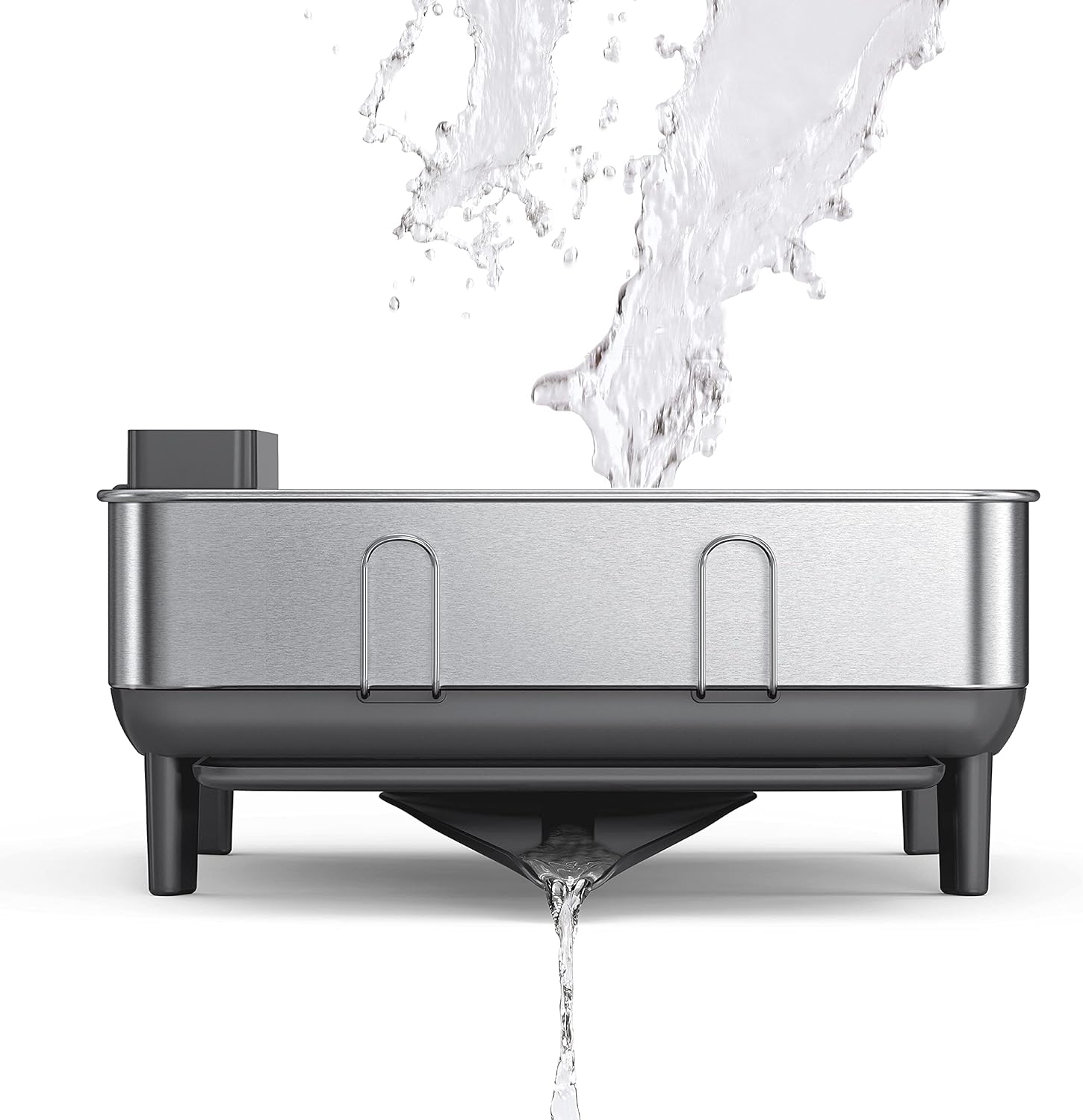simplehuman Compact Dish Drying Rack with Stainless Steel Frame, 360º Easy Drain Swivel Spout, Utensil Holder, Anti-Residue Coating, Moisture Control Surface, Grey