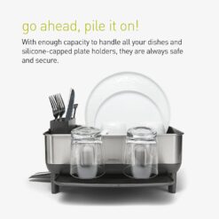 simplehuman Compact Dish Drying Rack with Stainless Steel Frame, 360º Easy Drain Swivel Spout, Utensil Holder, Anti-Residue Coating, Moisture Control Surface, Grey