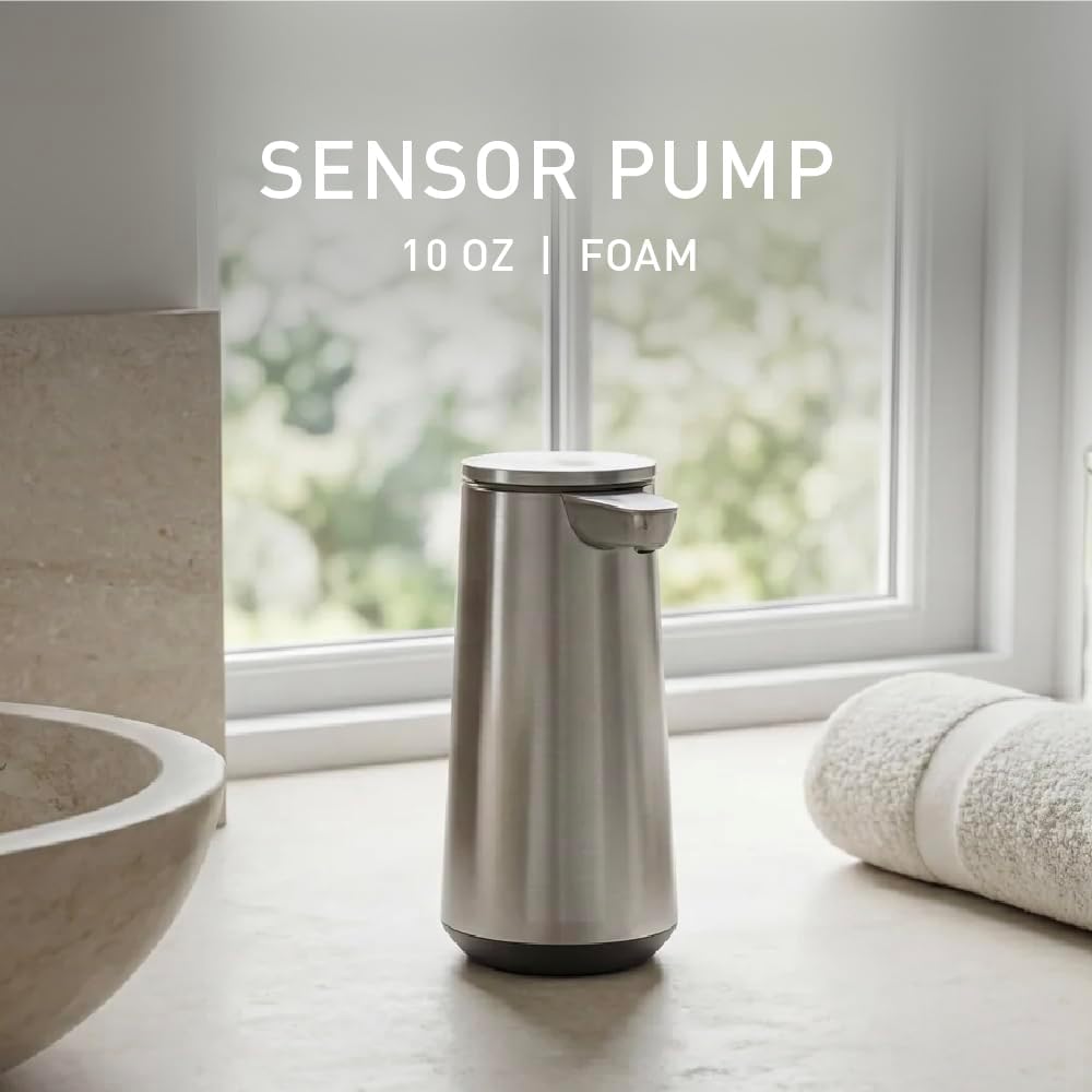 simplehuman Foam Sensor Pump, 10 oz., Automatic Soap Dispenser for Kitchen and Bathroom, Touchless Motion Sensor, Variable Dispense, Rechargeable, High Grade Brushed Stainless Steel