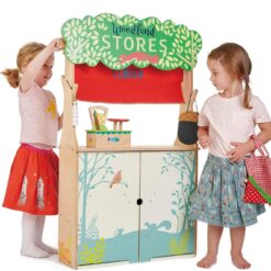Tender Leaf Toys Woodland Store and Puppet Theater – 2 Sided Reversible Grocery Stand and Hand Puppeteer Stage - Social, Creative, and Imaginative Development – Expressive Role Play – Ages 3 Years +