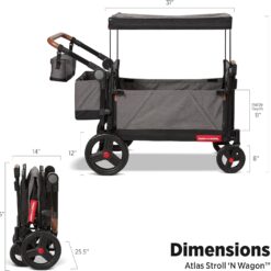 Radio Flyer Atlas Stroll ’N Wagon, Atlas Gray, for Ages 1+, 3-in-1 Push or Pull Versatility, One-Hand Fold, UV Canopy, 5-Point Harnesses, Storage Capabilities, Rubber Wheels, Stroller Wagon for Kids