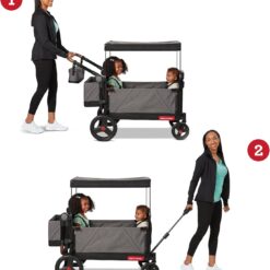 Radio Flyer Atlas Stroll ’N Wagon, Atlas Gray, for Ages 1+, 3-in-1 Push or Pull Versatility, One-Hand Fold, UV Canopy, 5-Point Harnesses, Storage Capabilities, Rubber Wheels, Stroller Wagon for Kids