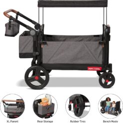 Radio Flyer Atlas Stroll ’N Wagon, Atlas Gray, for Ages 1+, 3-in-1 Push or Pull Versatility, One-Hand Fold, UV Canopy, 5-Point Harnesses, Storage Capabilities, Rubber Wheels, Stroller Wagon for Kids