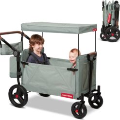Radio Flyer Atlas Stroll ’N Wagon, Sage Green, for Ages 1+, 3-in-1 Push or Pull Versatility, One-Hand Fold, UV Canopy, 5-Point Harnesses, Storage Capabilities, Rubber Wheels, Stroller Wagon for Kids