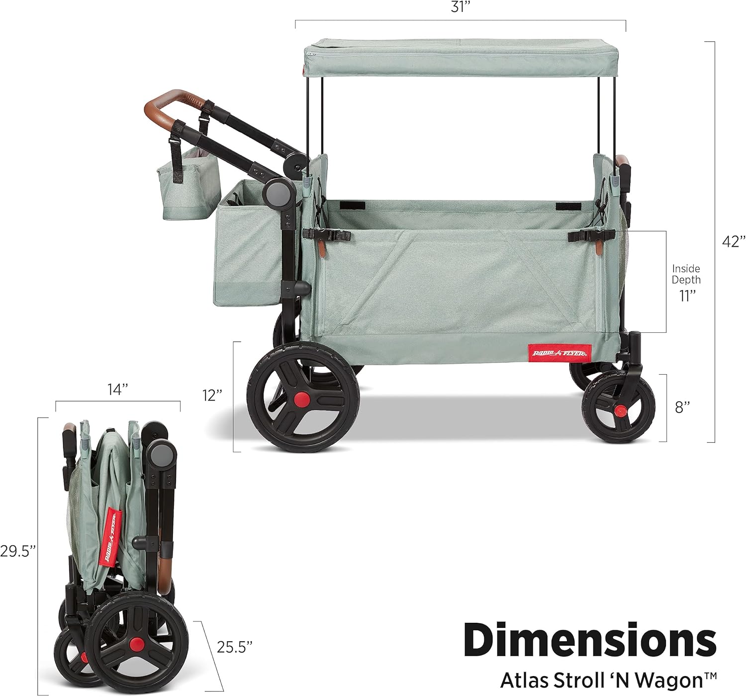 Radio Flyer Atlas Stroll ’N Wagon, Sage Green, for Ages 1+, 3-in-1 Push or Pull Versatility, One-Hand Fold, UV Canopy, 5-Point Harnesses, Storage Capabilities, Rubber Wheels, Stroller Wagon for Kids