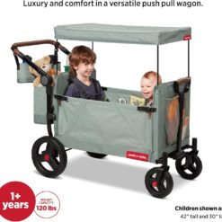 Radio Flyer Atlas Stroll ’N Wagon, Sage Green, for Ages 1+, 3-in-1 Push or Pull Versatility, One-Hand Fold, UV Canopy, 5-Point Harnesses, Storage Capabilities, Rubber Wheels, Stroller Wagon for Kids
