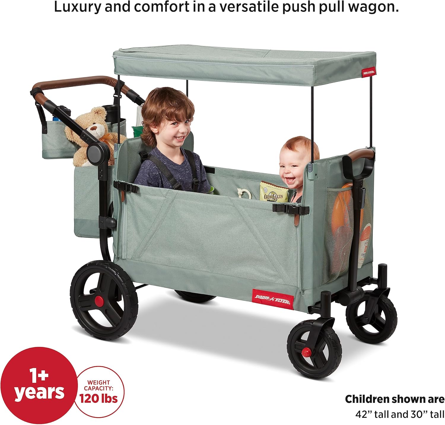 Radio Flyer Atlas Stroll ’N Wagon, Sage Green, for Ages 1+, 3-in-1 Push or Pull Versatility, One-Hand Fold, UV Canopy, 5-Point Harnesses, Storage Capabilities, Rubber Wheels, Stroller Wagon for Kids