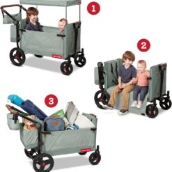 Radio Flyer Atlas Stroll ’N Wagon, Sage Green, for Ages 1+, 3-in-1 Push or Pull Versatility, One-Hand Fold, UV Canopy, 5-Point Harnesses, Storage Capabilities, Rubber Wheels, Stroller Wagon for Kids
