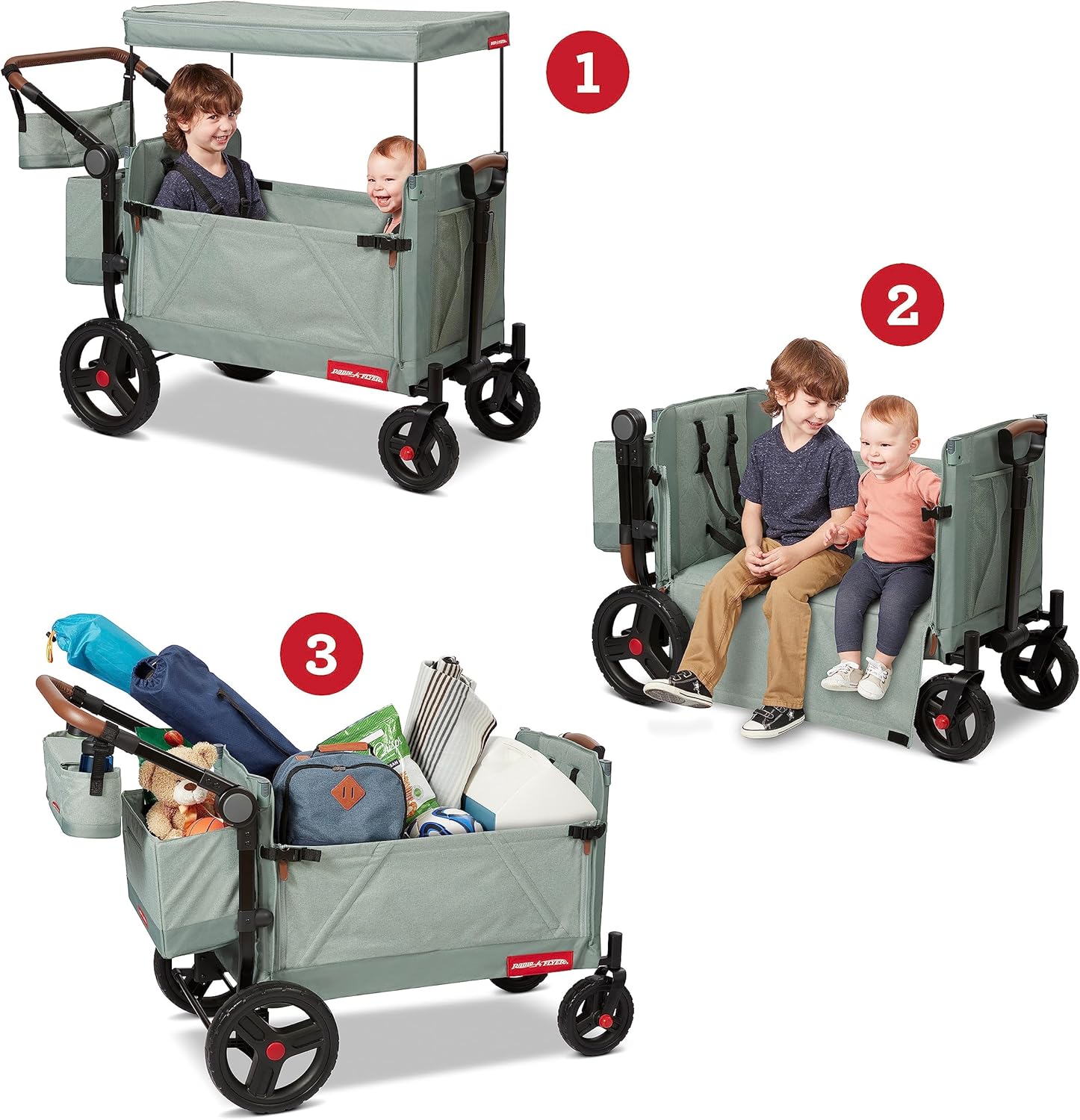 Radio Flyer Atlas Stroll ’N Wagon, Sage Green, for Ages 1+, 3-in-1 Push or Pull Versatility, One-Hand Fold, UV Canopy, 5-Point Harnesses, Storage Capabilities, Rubber Wheels, Stroller Wagon for Kids