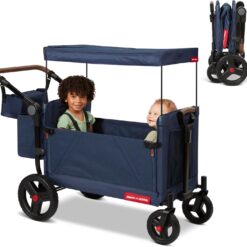 Radio Flyer Atlas Stroll ’N Wagon, Navy Blue, for Ages 1+, 3-in-1 Push or Pull Versatility, One-Hand Fold, UV Canopy, 5-Point Harnesses, Storage Capabilities, Rubber Wheels, Stroller Wagon for Kids