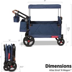 Radio Flyer Atlas Stroll ’N Wagon, Navy Blue, for Ages 1+, 3-in-1 Push or Pull Versatility, One-Hand Fold, UV Canopy, 5-Point Harnesses, Storage Capabilities, Rubber Wheels, Stroller Wagon for Kids