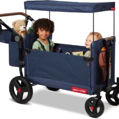 Radio Flyer Atlas Stroll ’N Wagon, Navy Blue, for Ages 1+, 3-in-1 Push or Pull Versatility, One-Hand Fold, UV Canopy, 5-Point Harnesses, Storage Capabilities, Rubber Wheels, Stroller Wagon for Kids