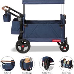 Radio Flyer Atlas Stroll ’N Wagon, Navy Blue, for Ages 1+, 3-in-1 Push or Pull Versatility, One-Hand Fold, UV Canopy, 5-Point Harnesses, Storage Capabilities, Rubber Wheels, Stroller Wagon for Kids