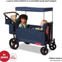 Radio Flyer Atlas Stroll ’N Wagon, Navy Blue, for Ages 1+, 3-in-1 Push or Pull Versatility, One-Hand Fold, UV Canopy, 5-Point Harnesses, Storage Capabilities, Rubber Wheels, Stroller Wagon for Kids