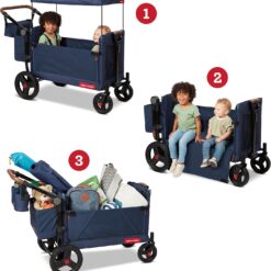 Radio Flyer Atlas Stroll ’N Wagon, Navy Blue, for Ages 1+, 3-in-1 Push or Pull Versatility, One-Hand Fold, UV Canopy, 5-Point Harnesses, Storage Capabilities, Rubber Wheels, Stroller Wagon for Kids