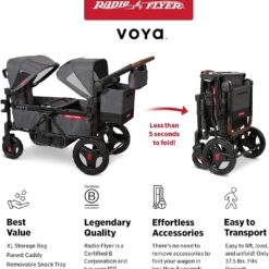 Radio Flyer Voya Stroller Wagon, for Toddlers and Kids 6+ Months, Push or Pull, 2 Seats, Dual Sun Canopies, Compact Fold, Lightweight, Storage Space, 5-Point Harnesses, Stroller Wagon for Kids