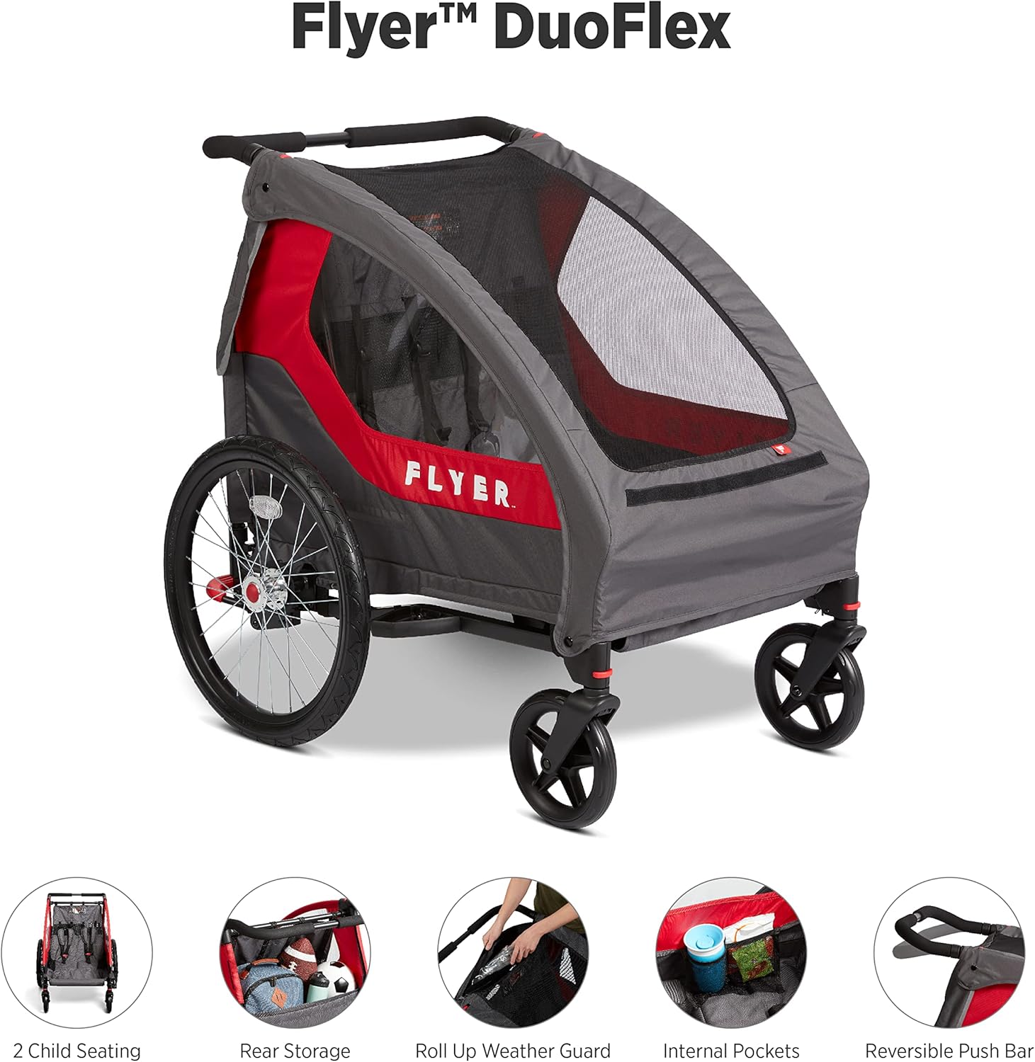 Radio Flyer Duoflex 2 in 1 Bike Trailer and Double Stroller for Toddlers, 1+ Years