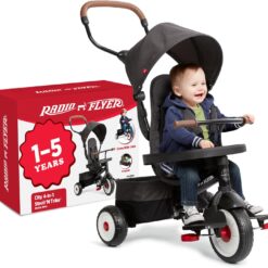 Radio Flyer City 4-in-1 Stroll 'N Trike, Black, for Riders 1-5 Years Old, 4 Riding Modes, 3 Point Harness with Comfort Pad, Parent Controlled Steering, Rear Storage, Stroller Tricycle for Toddlers