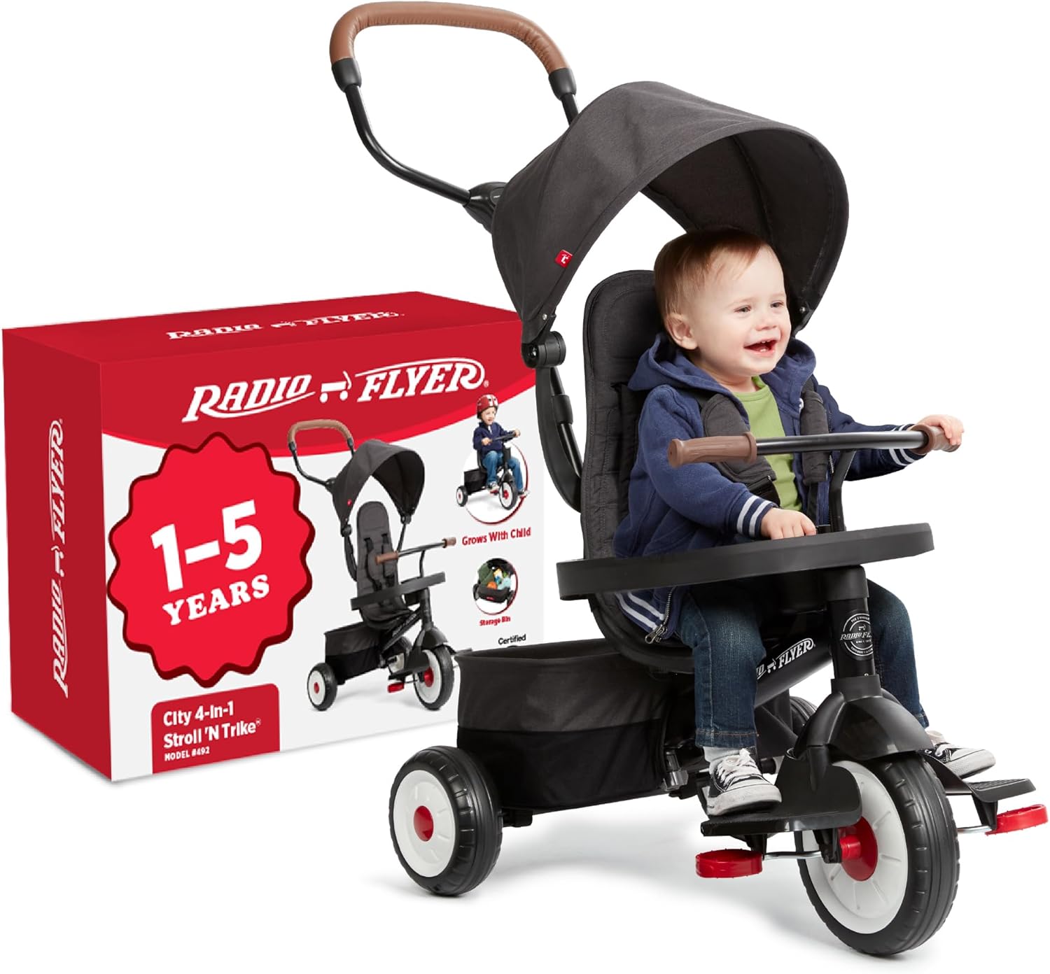 Radio Flyer City 4-in-1 Stroll 'N Trike, Black, for Riders 1-5 Years Old, 4 Riding Modes, 3 Point Harness with Comfort Pad, Parent Controlled Steering, Rear Storage, Stroller Tricycle for Toddlers