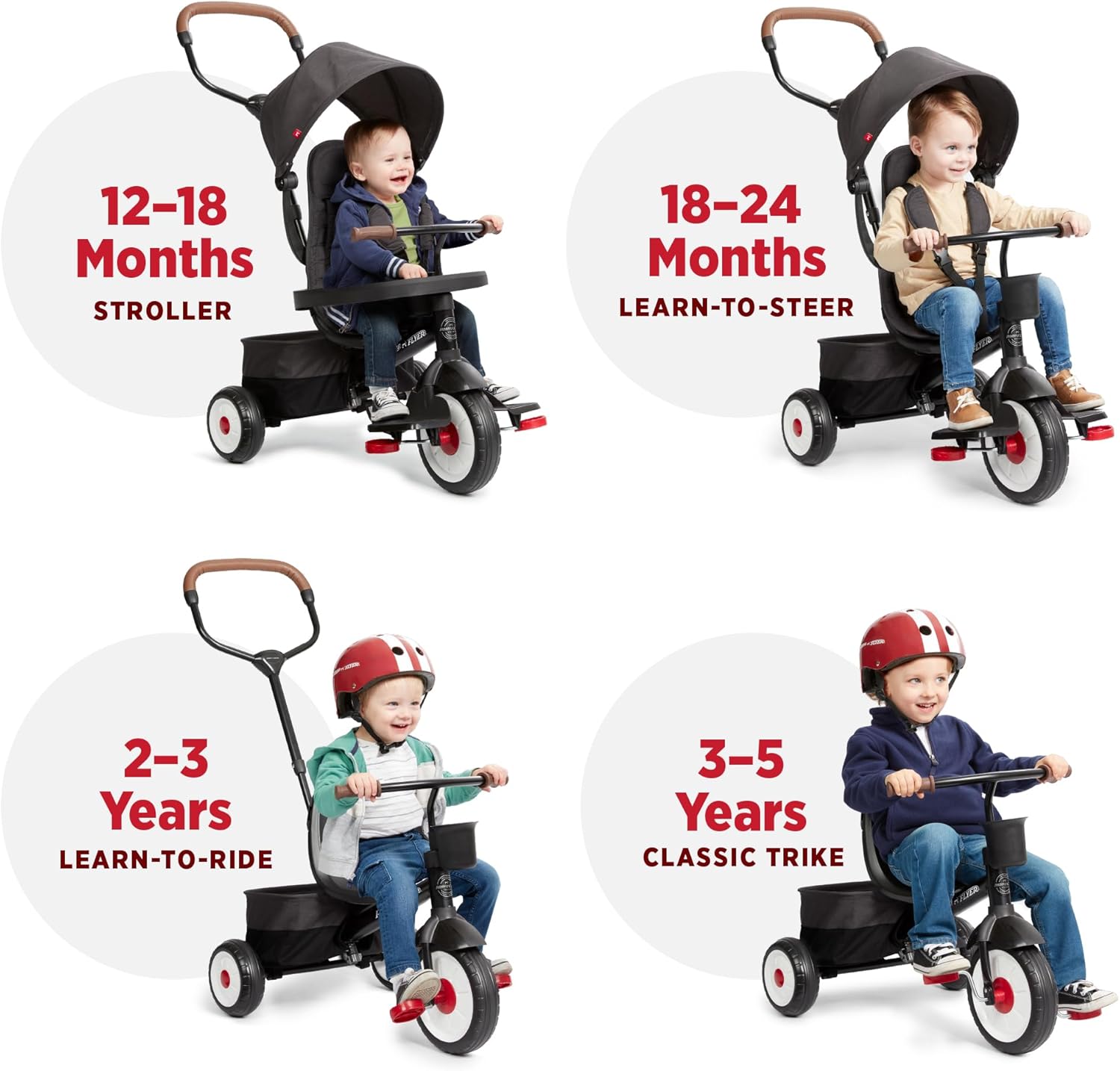Radio Flyer City 4-in-1 Stroll 'N Trike, Black, for Riders 1-5 Years Old, 4 Riding Modes, 3 Point Harness with Comfort Pad, Parent Controlled Steering, Rear Storage, Stroller Tricycle for Toddlers
