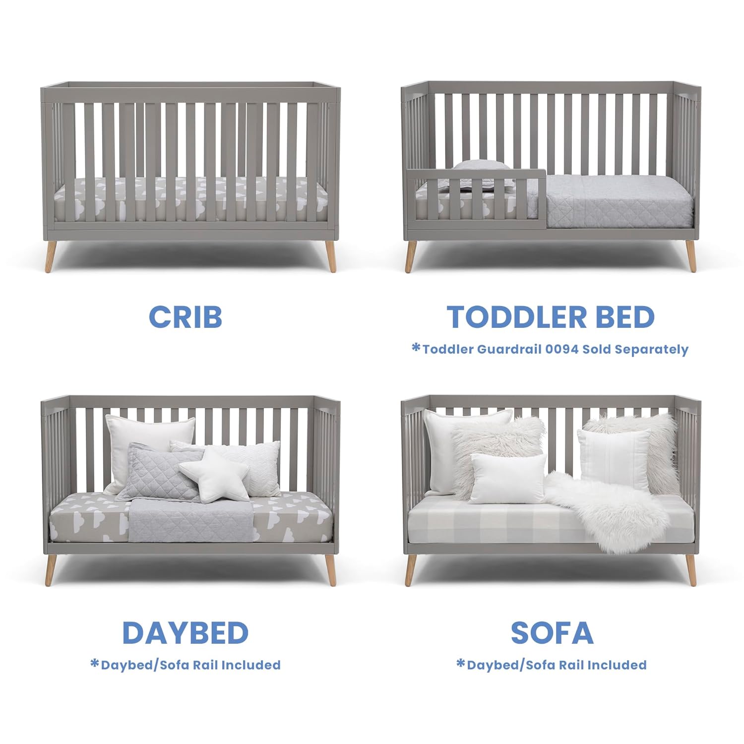 Delta Children Essex 4-in-1 Convertible Baby Crib, Grey with Natural Legs