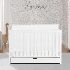 Simmons Kids Logan 6-in-1 Convertible Crib with Underdrawer - Greenguard Gold Certified, Bianca White